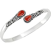 Pear Shape Natural Gemstones Bangle for Women - 925 Sterling Silver Plated Handmade Cuff Bracelet - Birthstone Adjustable Open Bangle Jewelry - Gift for Wedding Anniversaries Valentine's Day Christmas