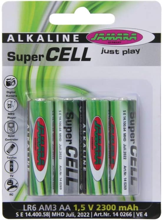 Jamara 4-Pieces Super Cell Mignon Dry Cell AA Battery, 1.5 V 2300 mAh, Multicolor