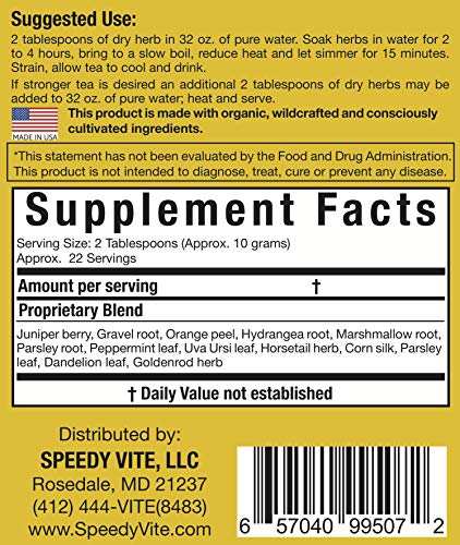 SpeedyVite Kidney Bladder Tea (8oz) Herbal Supplement Organic Cleanses & supports urinary tract health - Marshmallow root Dandelion leaf Goldenrod Juniper Hydrangea +more Natural Detox