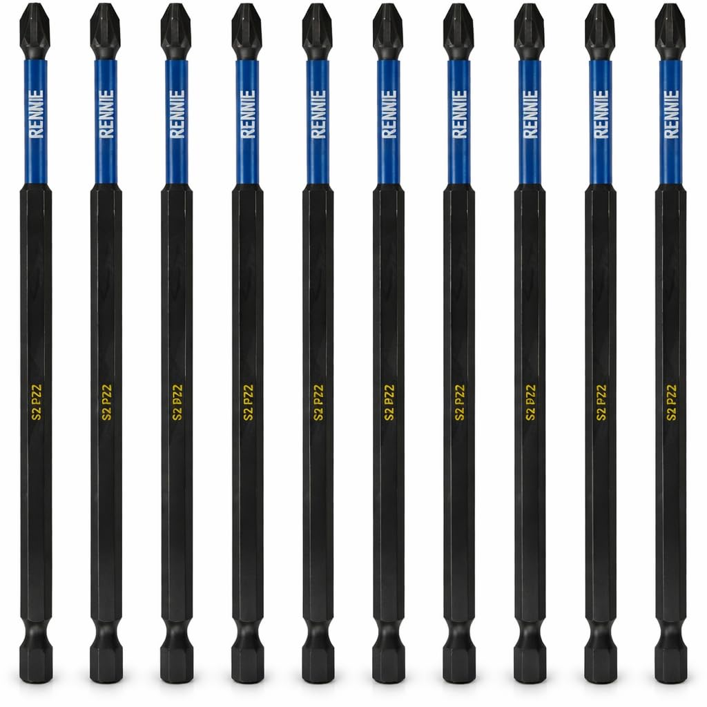 10 x Rennie Tools 150mm Long PZ2 Impact Screwdriver Driver Bits Set. Heavy Duty PoziDriv POZI No.2 Magnetic Screwdriver Bit Set. PZ2 Impact Driver Bits Pozidrive Screw Accessories. Black Oxide Coated