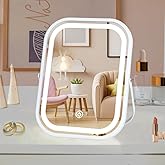 LAKFUES Makeup Mirror with Lights, Vanity Mirror for Desk, 6x8 Inch Rechargeable Tabletop Mirror, 3-Color Lighting & Touch Control, Portable Cordless Travel Mirror, Beauty Gift
