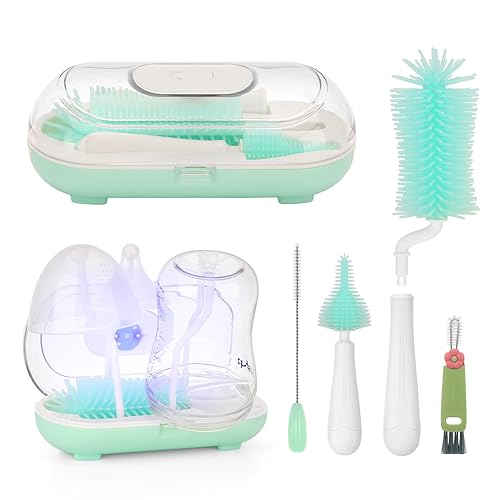 Baby Bottle Brush, Maypott Portable Travel Silicone Bottle Brushes for Cleaning Bottle Drying Rack Bottle Cleaner Set with Nipple & Straw Brush Bottle Drying Rack Baby Bottle Steriliser(Green)