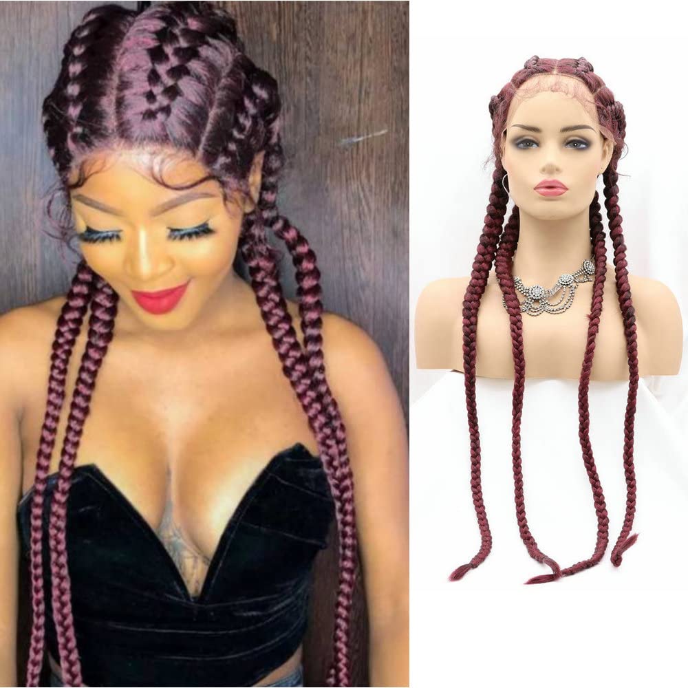 SereneWig 99J Wine Red Wigs 4x Twist Braids Synthetic Wig with Baby Hair Box Braided Burgundy Red Dutch Cornrow Braids Synthetic Fiber Lace Front Wigs for Women Daily Wear