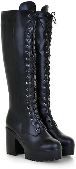 Ladies Womens Knee High Boots Chunky Platform Goth Combat Lace Up Grip Sole Size | eBay