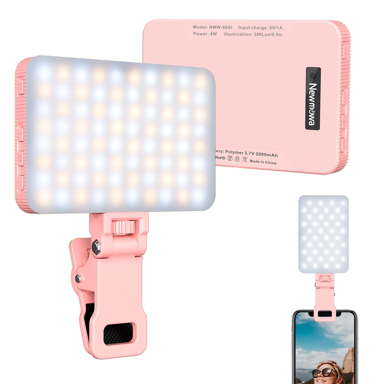 Newmowa Rechargeable Selfie Light - Portable Clip-on Phone LED With Smart Sensor for Phone/Laptop/Camera, 3 Modes, Video Light for TikTok/Makeup/Selfie/Vlog/Video Conference - Pink