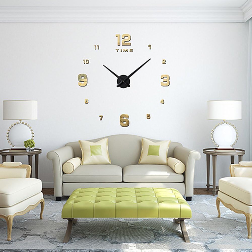 FAS1 Large Wall Clock Modern DIY Big Watch Decals 3D Stickers Mirror Effect Wall Clock Home Office Removable Decoration for Living Room - Light Gold (Battery NOT Included)