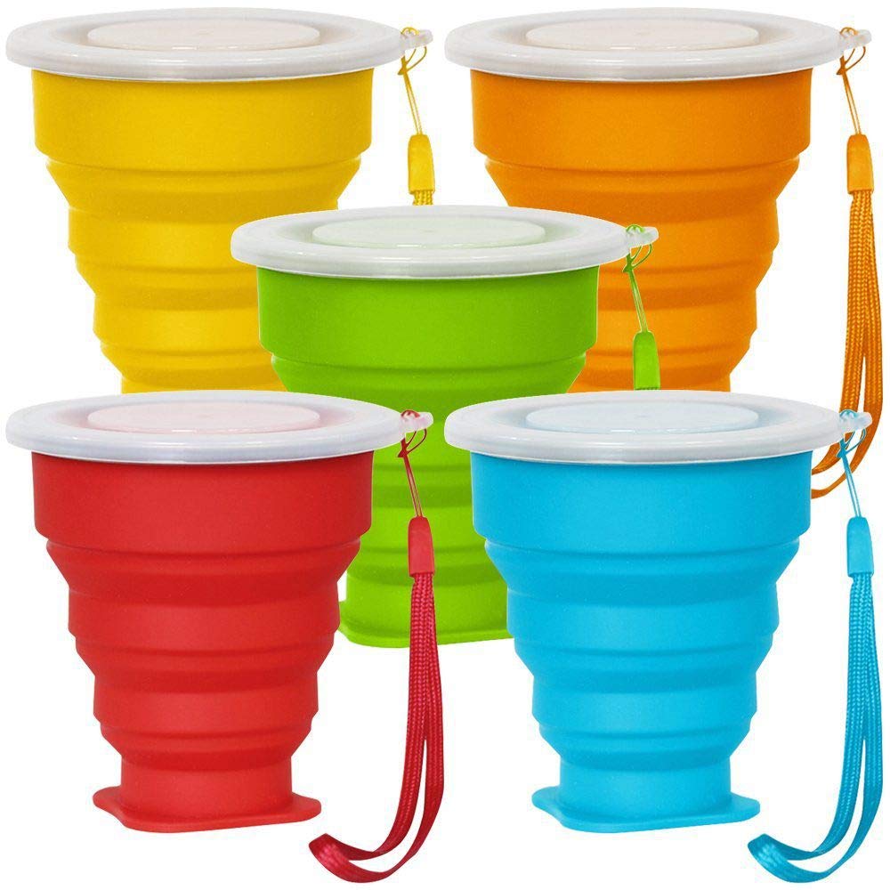 SENHAI 5 Pack Collapsible Travel Cup with Lid, 6Oz Silicone Foldable Drinking Mug, Retractable for Hiking Camping Picnic - Blue, Green, Yellow, Orange, Red
