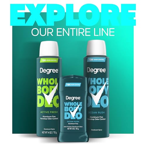 DEGREE MEN WHOLE BODY DEODORANT STICK, OCEAN RUSH SCENT, GLIDES ON CLEAR + ABSORBS SWEAT, ALUMINUM FREE 72H ODOR PROTECTION 3 OZ