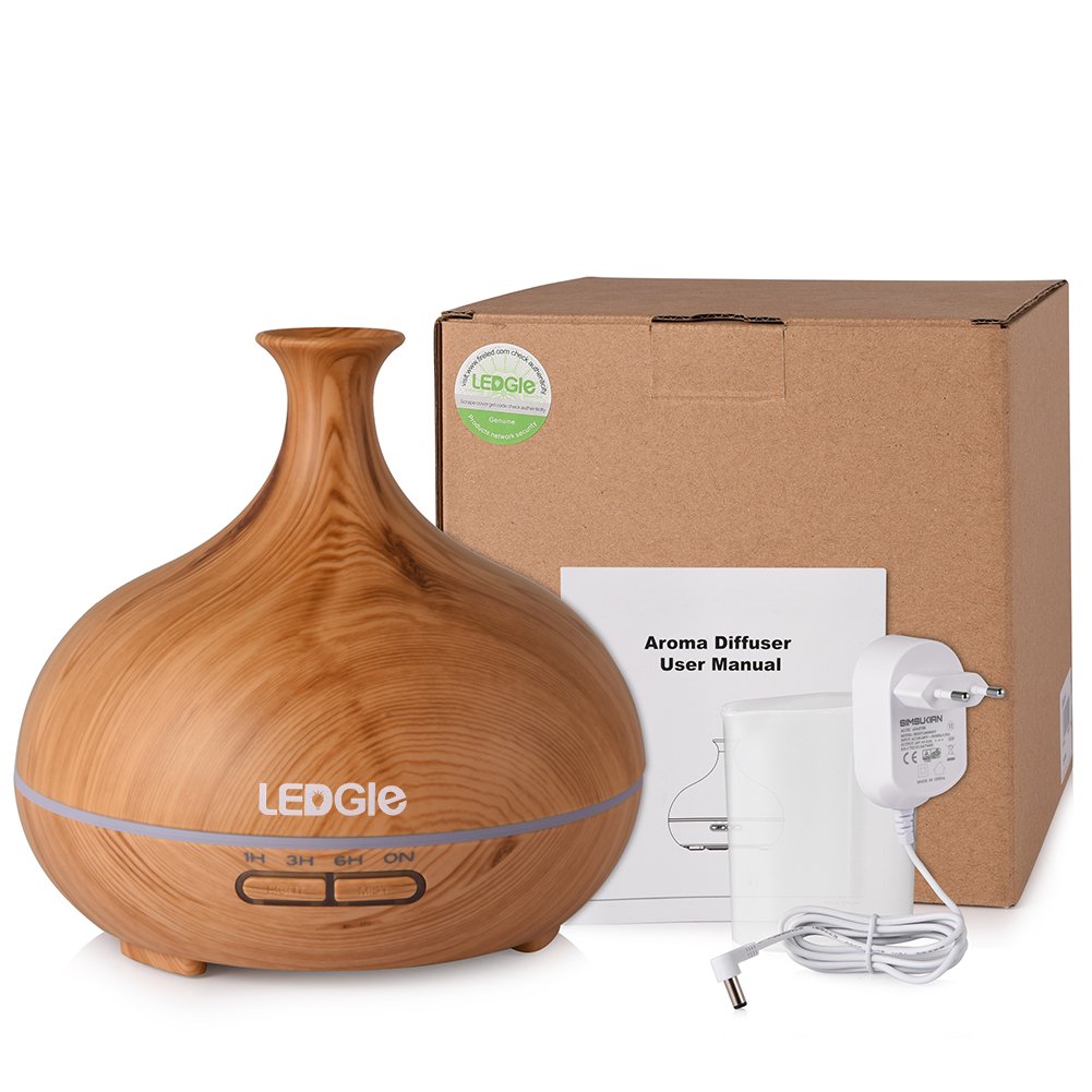 LEDGLE Essential Oil Diffuser 300 ml Ultrasonic Cool Mist Diffuser Air Humidifier with 7 Colour Changing LED Lights and 4 Timer Settings, Waterless Auto Shut-Off, Adjustable Mist Mode, Wood Grain