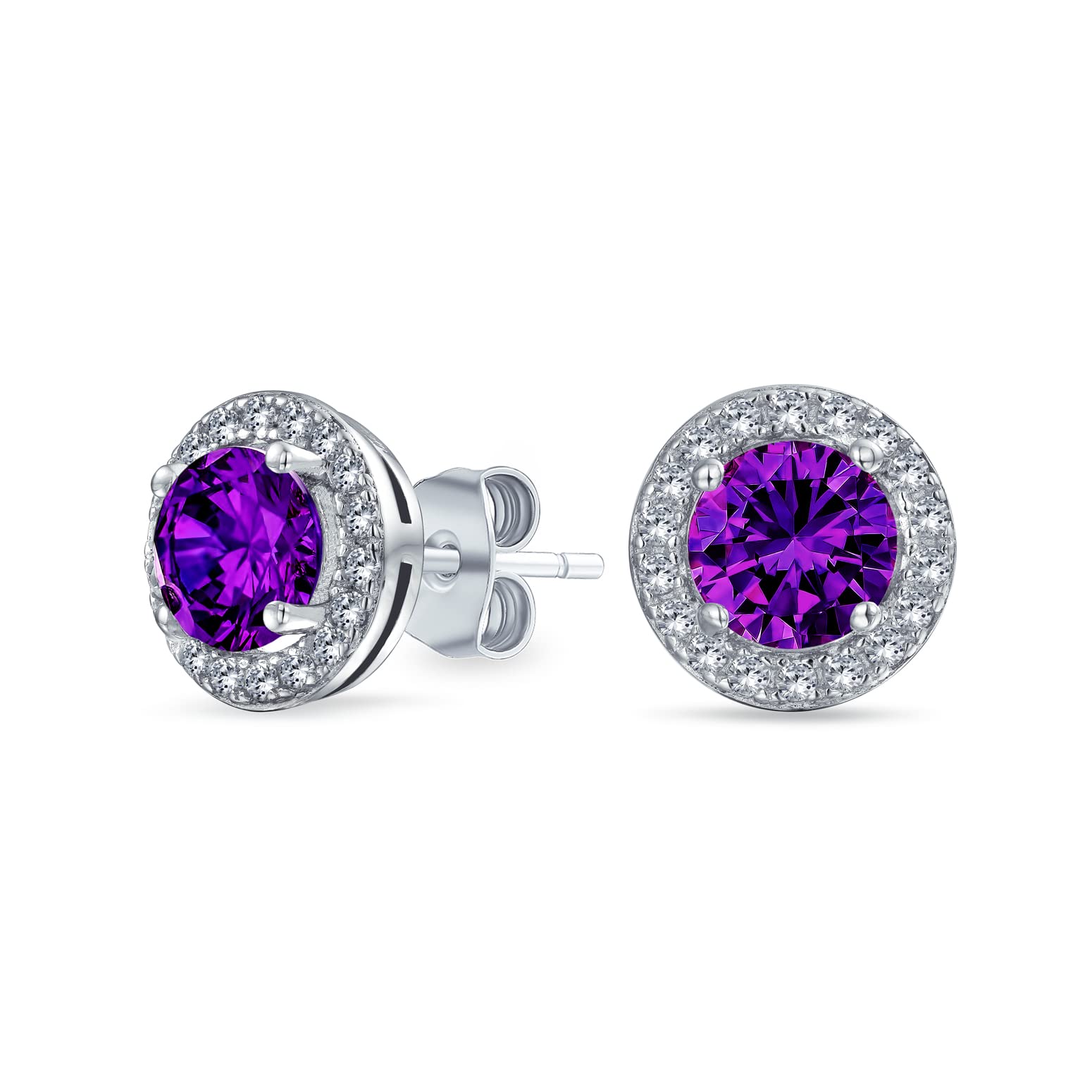 Round Solitaire Halo Purple Cubic Zirconia Simulated Amethyst CZ Stud Earrings For Women .925 Sterling Silver 8MM