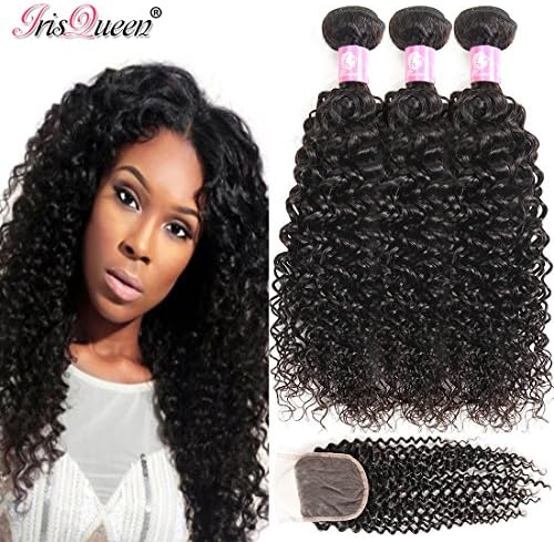 10A Brazilian Curly Hair 3 Bundles With Brazilian Curly Closure Unprocessed Brazilian Curly Human Hair Bundles With Kinky Curly Closure Brazilian Human Hair Natural Black Brazilian Hair 12 14 16 +10