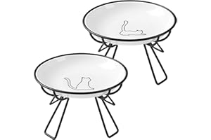 Kitwinney Ceramic Elevated Cat Bowls - Whisker Friendly, Anti-Vomiting, Stylish & Hygienic Cat Bowl Set (Line Cat, 2 Pack)