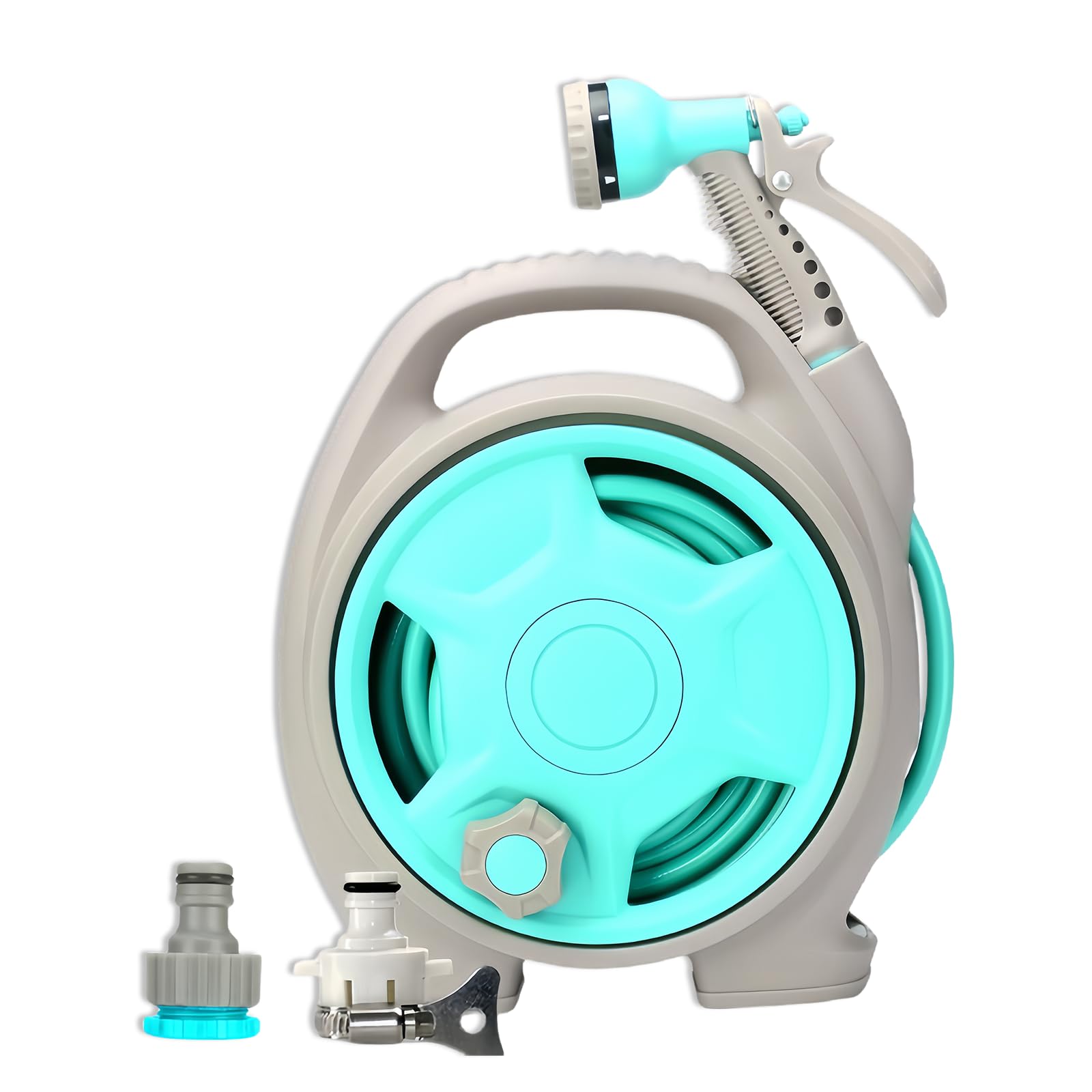 Photo 1 of Telescopic garden hose reel, 5/8 inch x 50 foot portable hose reel, with 6-function spray nozzle, manual recovery system (Ice Blue)