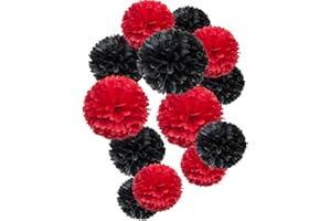 MOWO Paper Flower Tissue Pom Poms Party Supplies (black,red,12pc)