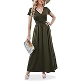ANRILITA Maxi Dress for Women 2026 Wrap V Neck Short Sleeve Empire Waist Summer Casual Elegant Flowy Long Dresses with Pocket
