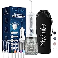 MySmile Cordless Water Flosser for Teeth Cleaner, 350ml Dental Plaque Remover Tool with 5 Modes 8 Jet Tips OLED Display, Rech
