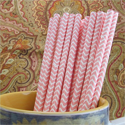 CleverDelights Biodegradable Paper Straws - Baby Pink Chevron - Box of 100