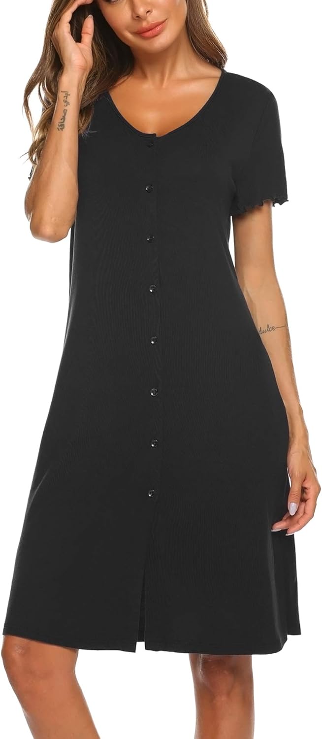Ekouaer Women's Nightshirt Short Sleeve Button Down Nightgown V-Neck Sleepwear Pajama Dress at  Women’s Clothing store