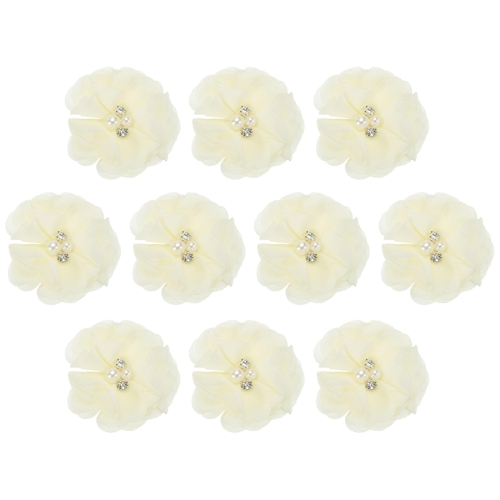 PATIKIL 2" Chiffon Flowers, 10Pcs Fabric Flowers Sewing Appliques Embellishments with Rhinestone Pearl for DIY Crafts Wedding Headbands Party Decoration, Beige