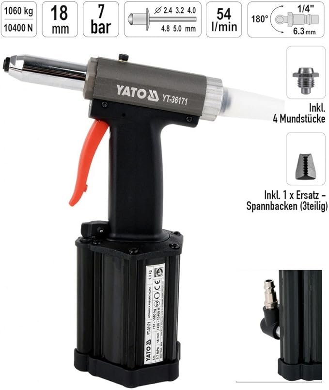 YATO Pneumatic Blind Rivet Gun 2.45 mm 7 Bar Garage Tool YT