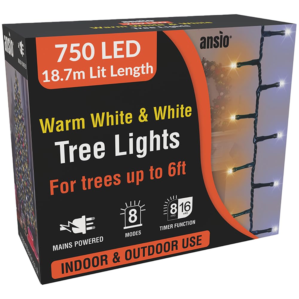 ANSIO® Christmas Tree Lights 750 LED 18.7m/61ft - Warm & Cool White Cluster Compact Lights for Indoor & Outdoor Decorations Fairy Lights with Timer for Xmas Garden & Party | Mains Powered Green Cable