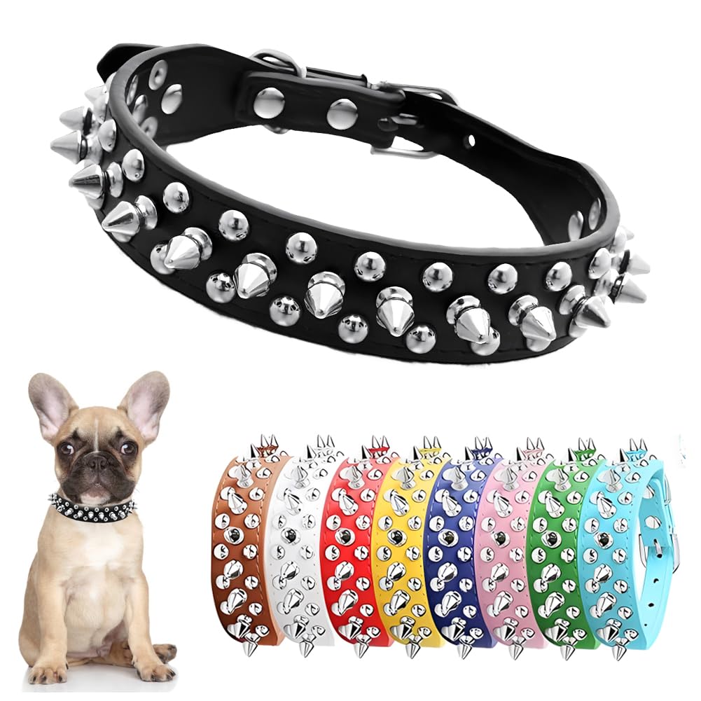 Photo 1 of Spiked Dog Collar for Small Dogs Soft PU Leather Spike Puppy Collar Anti Bite Studded Rivet Cat Collar for Kittens Small Medium Pets Like Chihuahua Pug Pit Bull Bulldog, Black XS