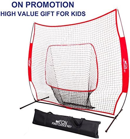 Professional Baseball and Softball Pitching Net -Portable Durable Hitting Net with Backstop | 7x7, Bow Frame | for Pitching, Batting (Red)