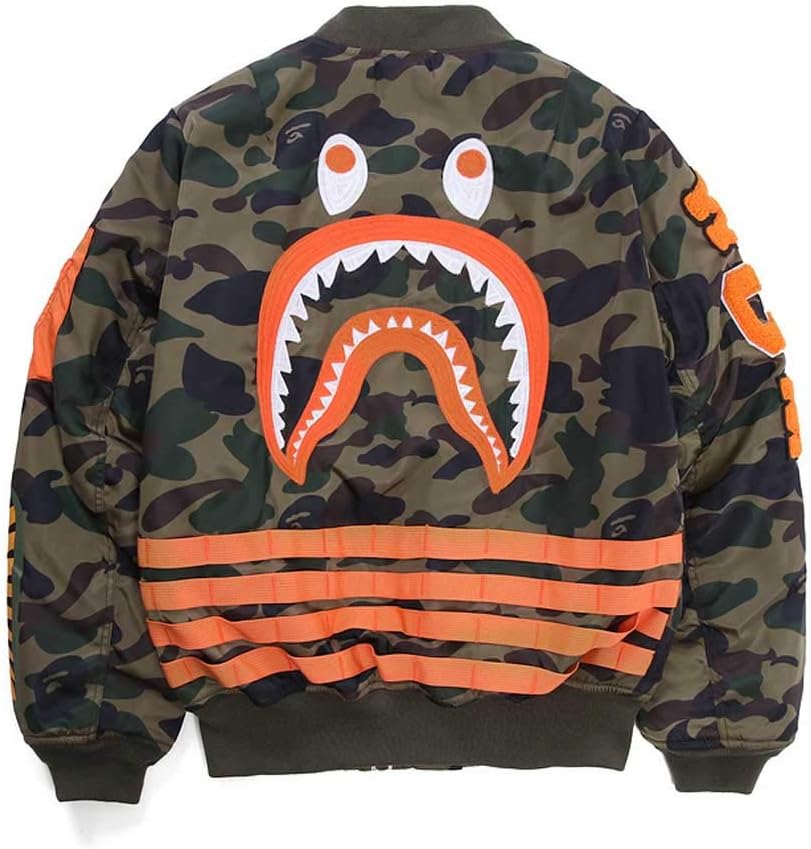 QYS Men's Camouflage Bape Shark Cotton Flight Baseball Jacket Outwear,XL