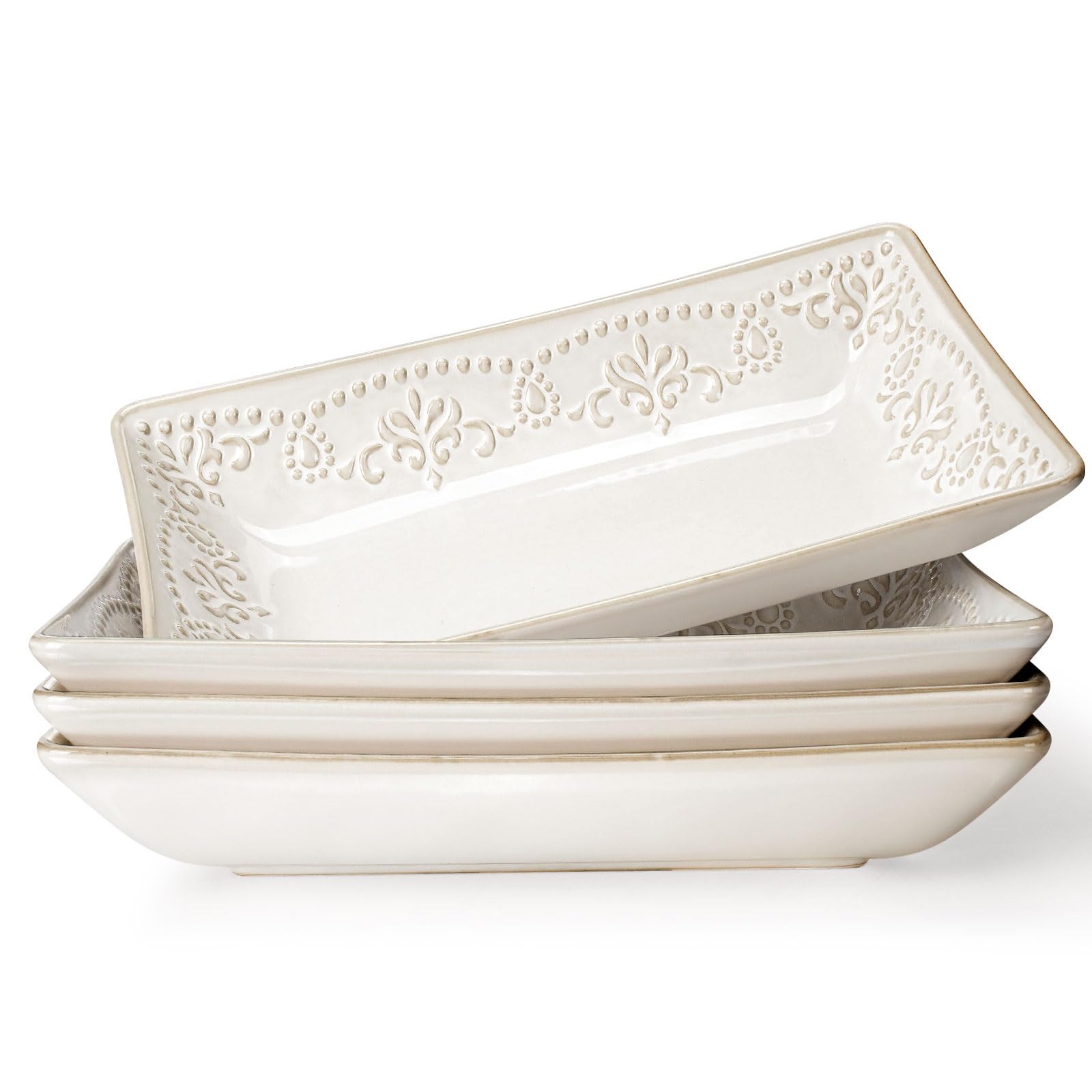 Artena Ceramic Pasta Bowls Set of 4-9.85 Inch Large Salad Bowls, 25 oz Serving Bowls for Soup, Dinner & Party - Embossed Microwave Safe Kitchen Dishes, Rectangle Plates (Damask Floral)