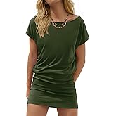 Wenrine Womens Summer Mini Dress 2026 Casual Short Sleeve Crewneck Beach Vacation Ruched Bodycon T Shirt Dresses