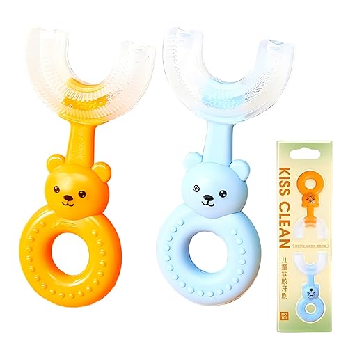 JYJLLM 2 Pieces Kids U-Shaped Toothbrush, Food Grade Soft Silicone Brush Head, 360° Whole Mouth Manual Training Tooth Brush for Toddlers and Children 2-6 Years Old，Happy Smiles! (Blue and Orange)