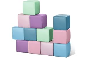 TODIBY Foam Building Blocks for Toddlers：12-Pieces Wipeable Leather Stacking Cubes Kids - Large Soft Toys Play Set for Learning Construction Baby Preschool Daycare Therapy Birthday Gift (Purple Pink)