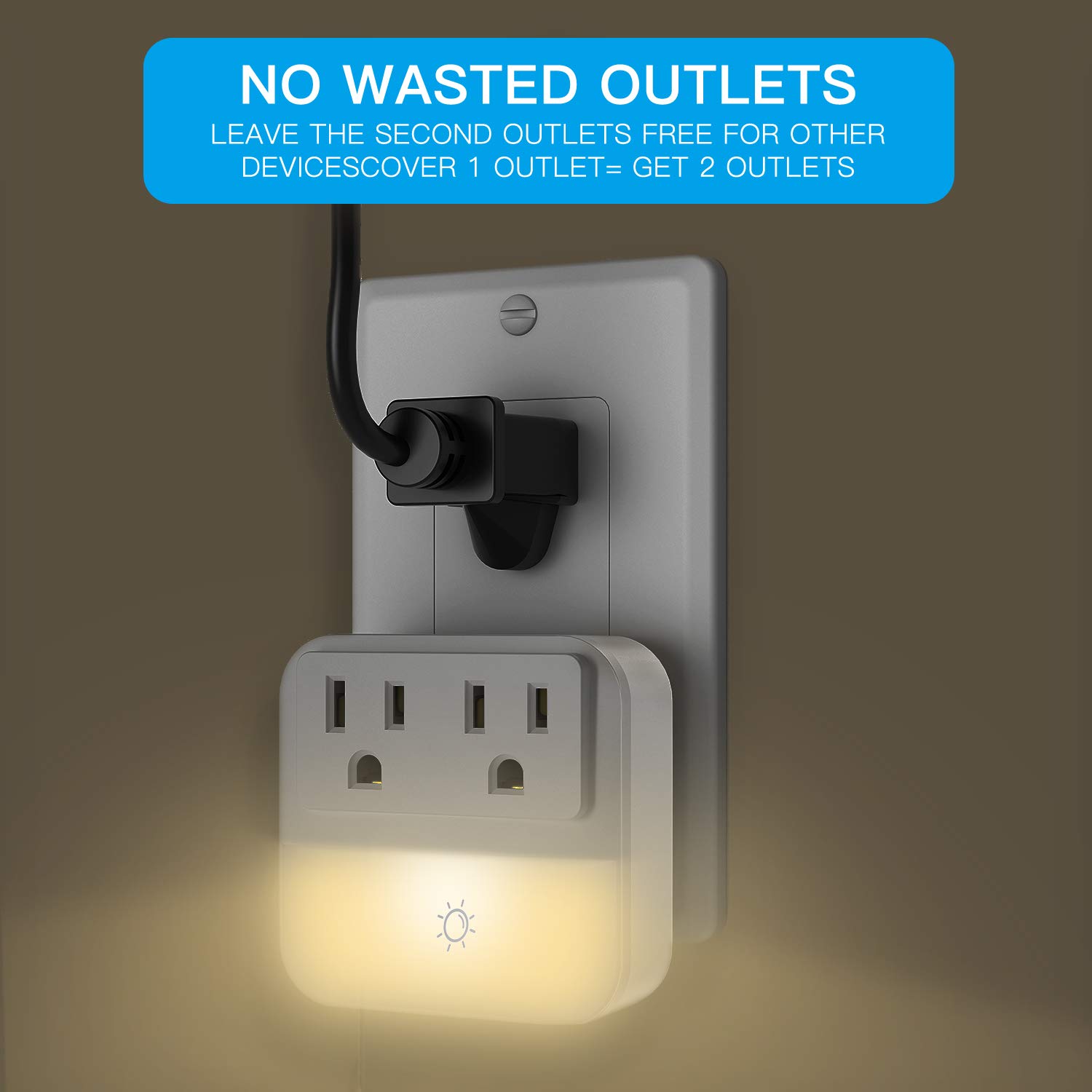 Plugin Night Light With 2Outlet Extender, POWRUI Warm White LED