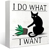 Mtrgdn Cat Decorations - Funny Cat Wood Box Sign, Rustic Wood Block Plaque for Home, Desk, Shelf, Fireplace, Indoor Office Decor - Christmas, Birthday Gifts