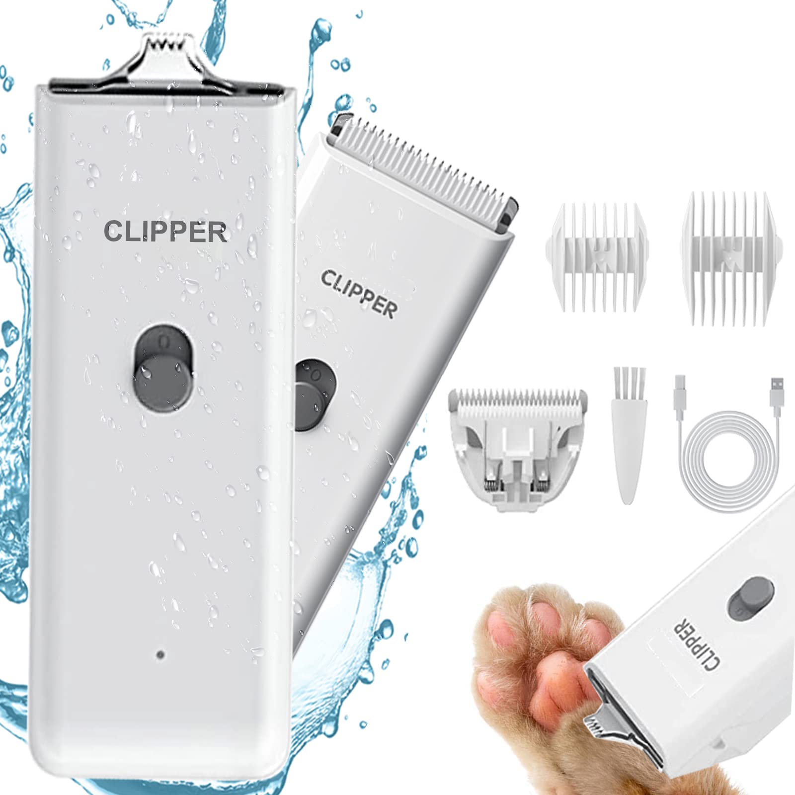 Dog Clippers,Pet Hair Trimmer Low Noise Washable USB Rechargeable Cordless Dog Grooming Kit with Wide & Narrow Blade,Electric Pet Feet Hair Trimmer for Cats Dogs (White+Double Blades)