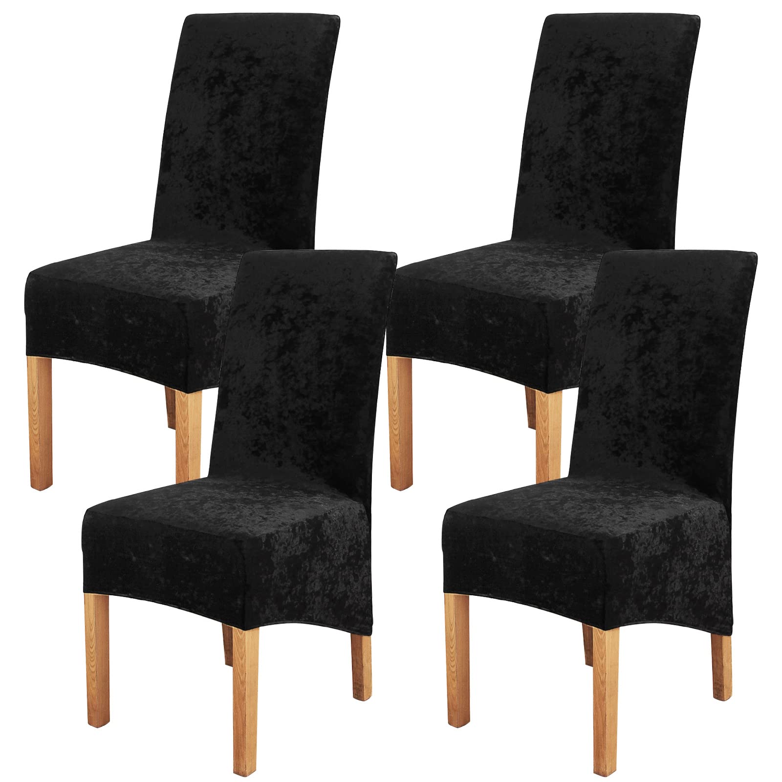 Crushed Velvet Large Size Dining Chair Covers Set of 4,Dining Room Chair Slipcovers,Stretch Elastic Removable Washable High Back Chair Covers for Dining Room,Hotel,Kitchen,Home(Black,Pack of 4)