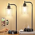 Industrial Nightstand Lamps for Bedrooms Set of 2 - Fully Dimmable Bedside Lamps with USB A C Ports and Outlet, Black Table Lamps with Clear Glass Shade for Living Room, Desk Lamps for Office Reading
