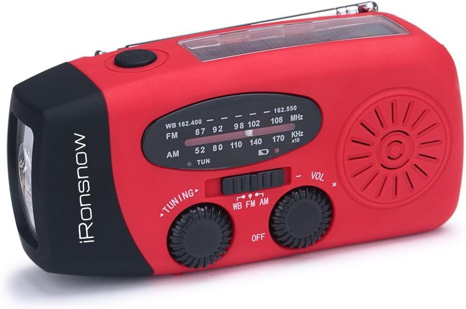 (Classic Creator) iRonsnow Solar Emergency NOAA Weather Radio Dynamo Hand Crank Self Powered AM FM WB Radios 3 LED Flashlight 1000mAh Smart Phone Charger Power Bank(Red): Electronics
