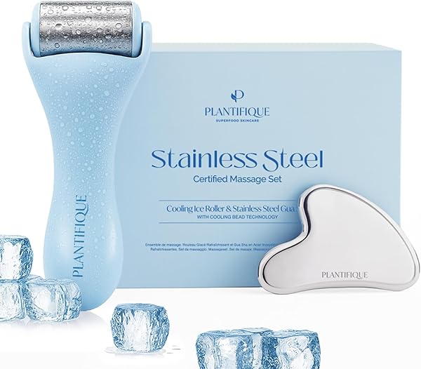 PLANTIFIQUE Ice Roller & Gua Sha Edelstahl Set – Gesichtsmassage für Hautstraffung, Lymphdrainage Gesicht, Schwellungen, Augenringe und Falten – Skincare Beauty Tool