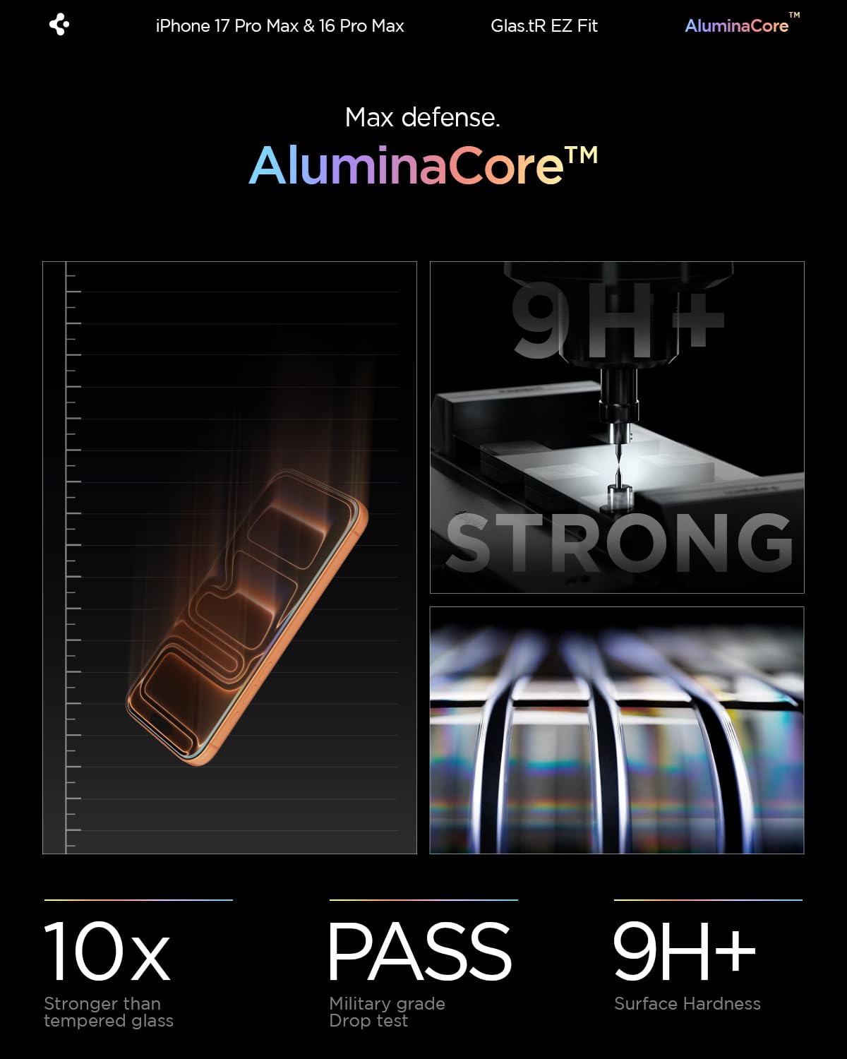 Spigen AluminaCore Tempered Glass Screen Protector [Glas.tR EZ Fit] designed for iPhone 17 Pro Max | iPhone 16 Pro Max [2 Pack] 9H+ Hardness, Aluminum-Enhanced Durability