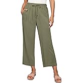 GRAPENT Linen Pants for Women High Waisted Wide Leg Capri Elastic Waist Casual Beach Flowy Cropped Summer Capris Pants