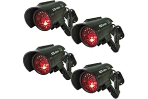 YUARISX Solar Powered Dummy Fake Security Camera Bullet CCTV Surveillance with Simulated LED Realistic Red Flashing Light and Security Warning Sticker Decal Indoor Outdoor, 4 Pack