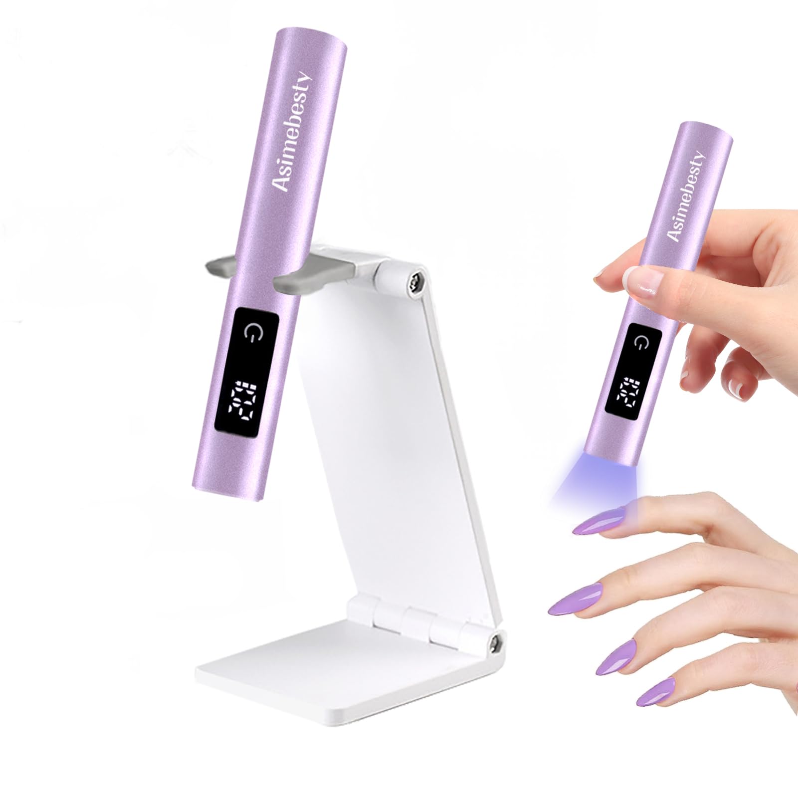 Asimebesty UV Lamps for Gel Nails, Mini Handheld UV LED Nail Lamp with Stand, Portable Rechargeable Nail Dryer with LED Screen 20/60/90S Timer Flash Cure UV Nail Lamp for Fast Drying Violet