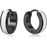 BIYONGDE Mens Womens Silver Black Huggie Hinged Hoop Earrings, Laser Stripes, Stainless Steel, Classic