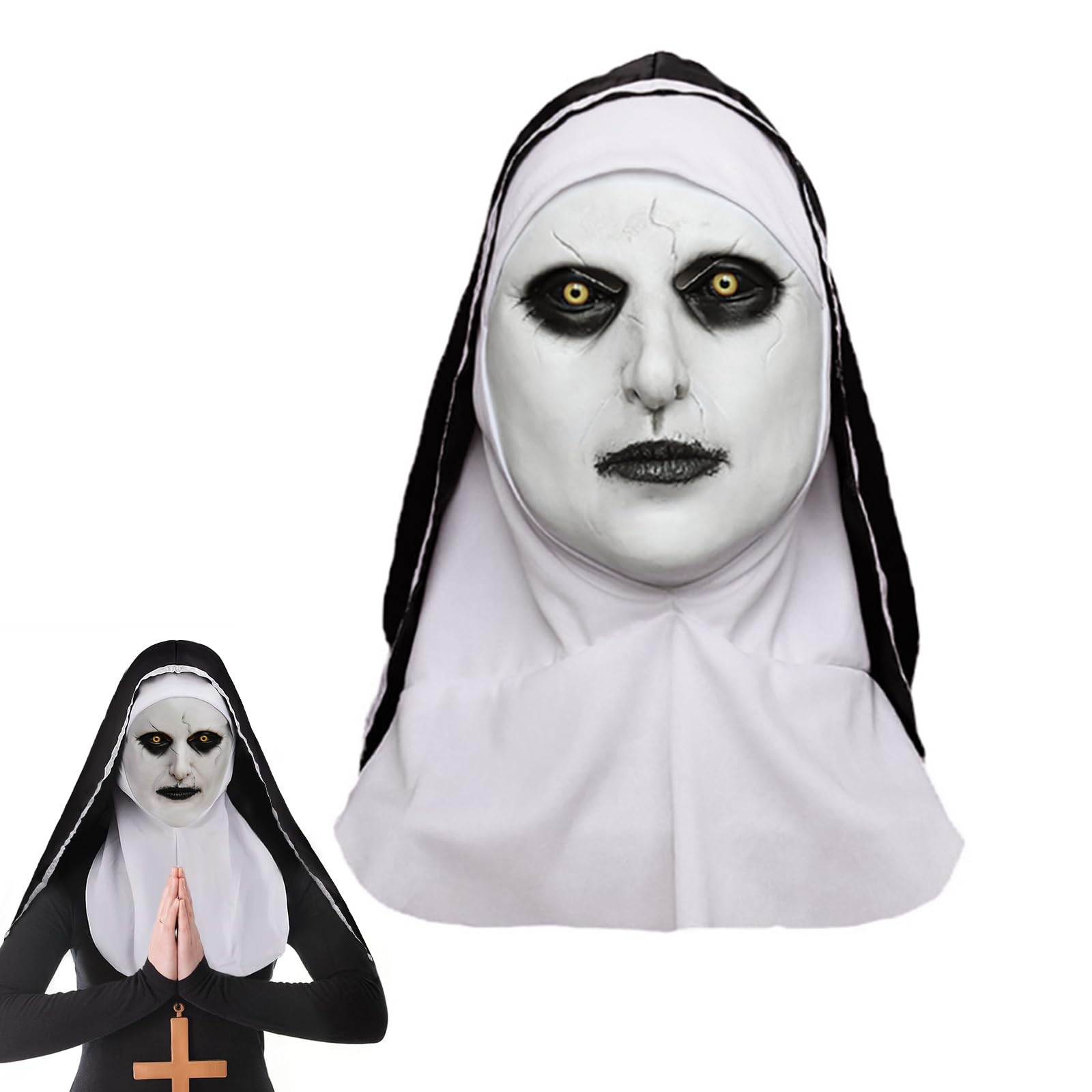 Micacorn Halloween Mask Scary Latex Mask Nun Mask Horror Full Head with Headscarf Nun Dress up Cosplay Costume Masks for Halloween Carnival Party Photo Props for Adult and Kids