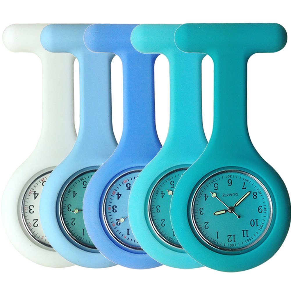 Set of 5 Nurse Watch Brooch, Silicone with Pin/Clip, Glow in Dark, Health Care Nurse Doctor Paramedic Medical Brooch Fob Watch - White to Blue