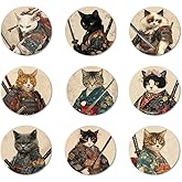 ANATTASOUL Coasters Set of 9 Samurai Cat Pattern Colorful Wooden Coasters Bulk Round Housewarming Gift for New Home, 3.9" Decorative Coffee Table Protection for Farmhouse Bar House Decor