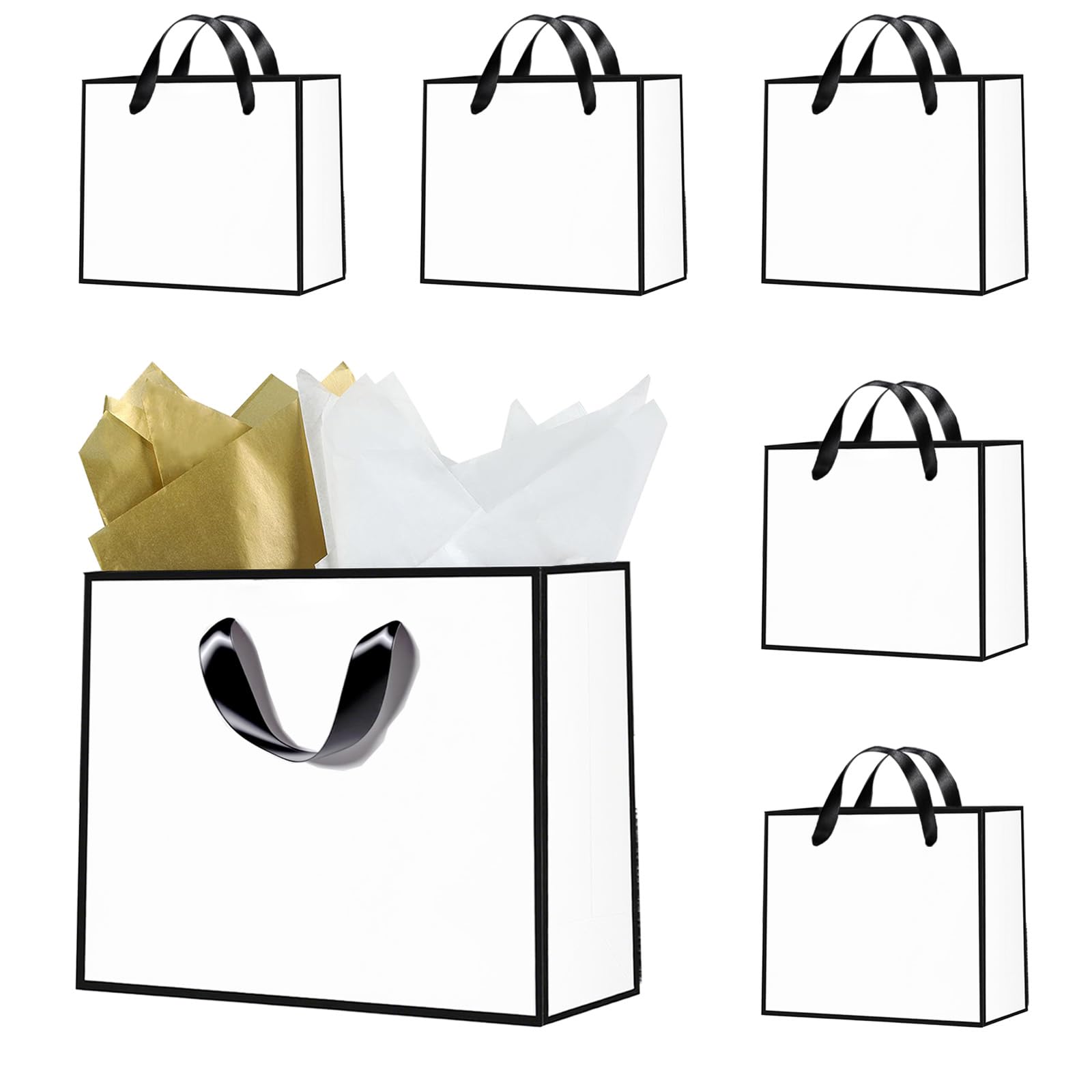 Offizon 12 Pack 12.6 Inches Black Gift Bags, Large Paper Bags with Gold Tissue Paper (32x11.5x28cm)