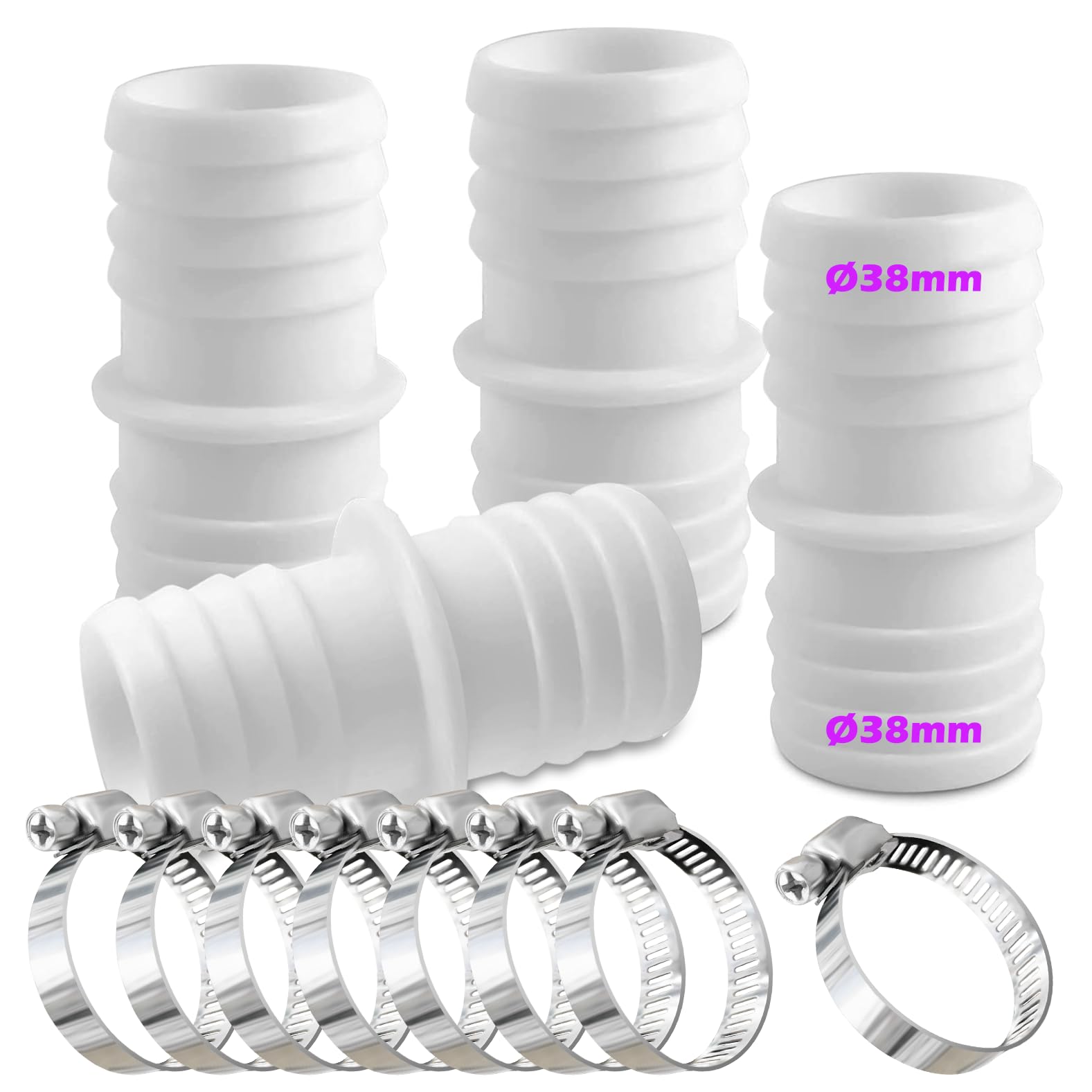 Rhsemi 4pcs Hose Connector 32 mm Set with 8 Hose Clamp Pool Hose Adapter Hose Adapter Double Hose Nozzle (White)