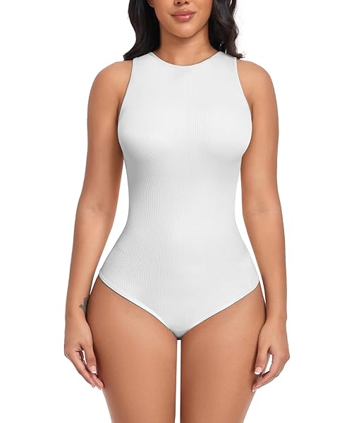 ENSDOAR TANK TOP BODY SUITS WOMEN RIBBED SLEEVELESS CREW NECK RACERBACK SEXY HALTER BASIC BODYSUIT TOPS FOR WOMEN (WHITE, SMALL)